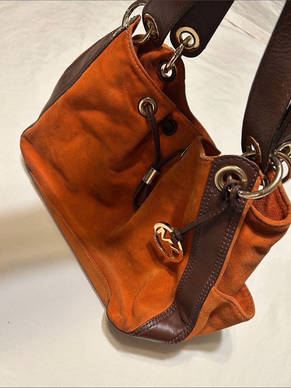 Michael Kors Orange Suede with Brown Leather Trim Shoulder Bag